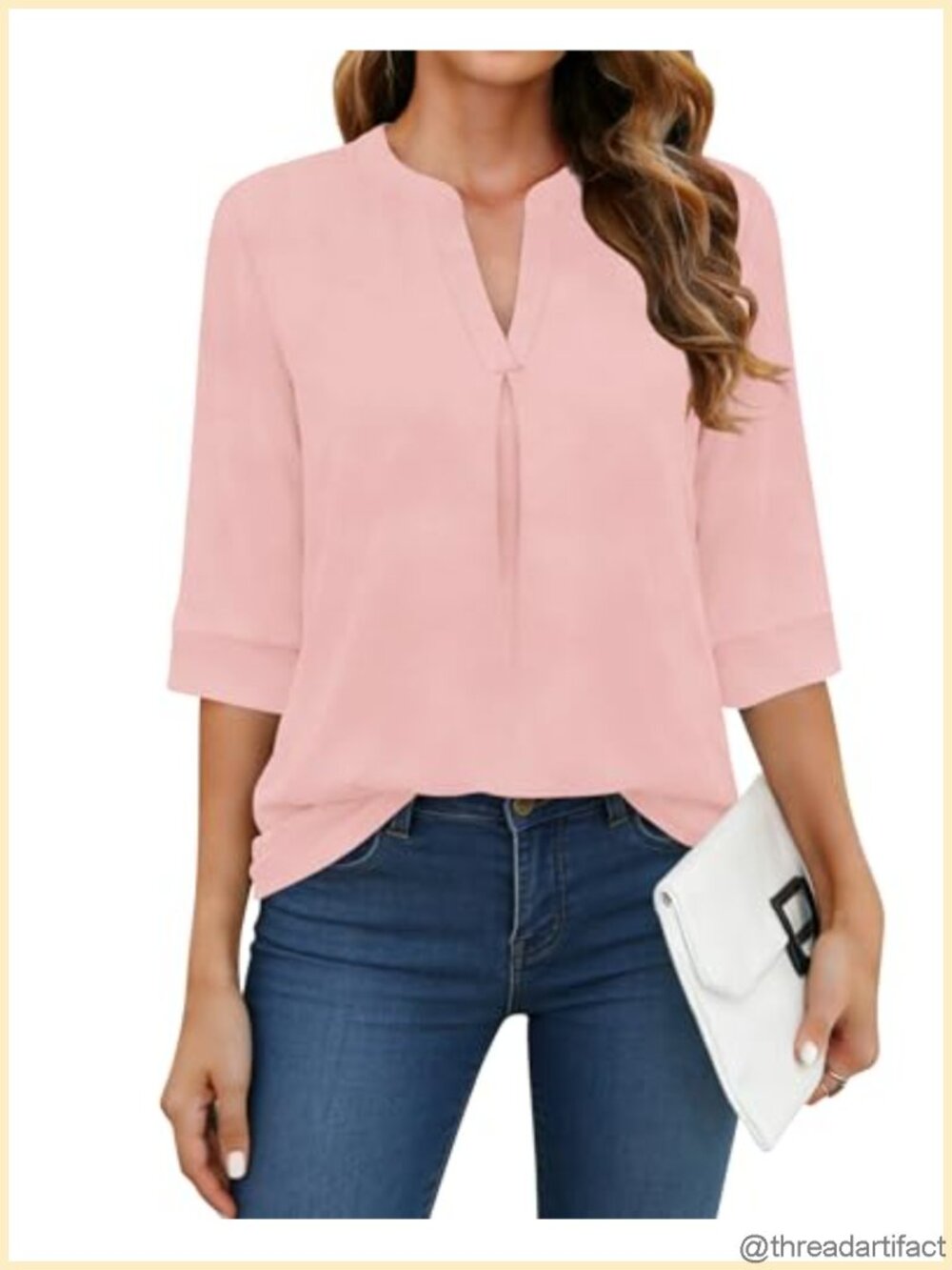Womens V Neck 3/4 Sleeve Pleated Front Flowy Tunic Blouse
